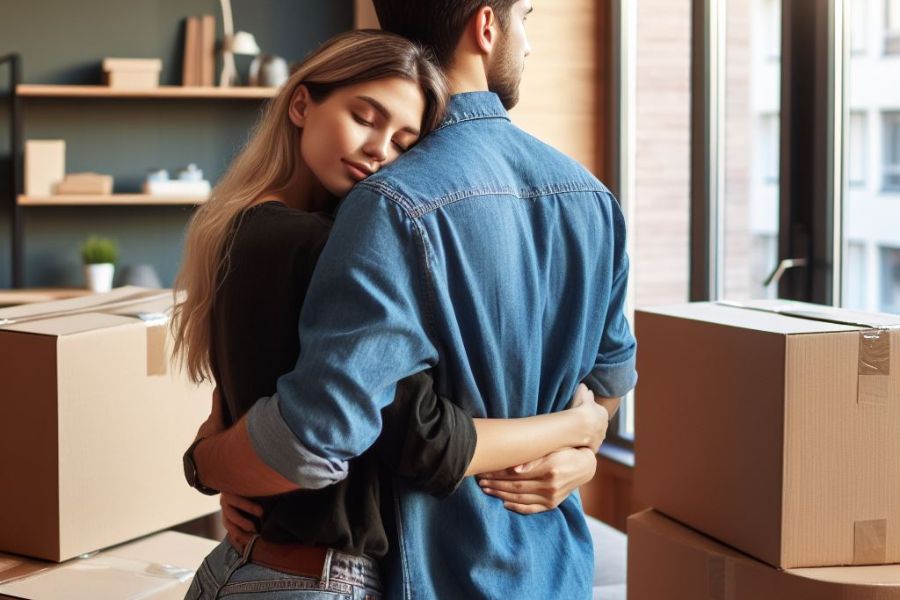 pareja abrazándose en su nueva casa después de conseguir su mejor hipoteca