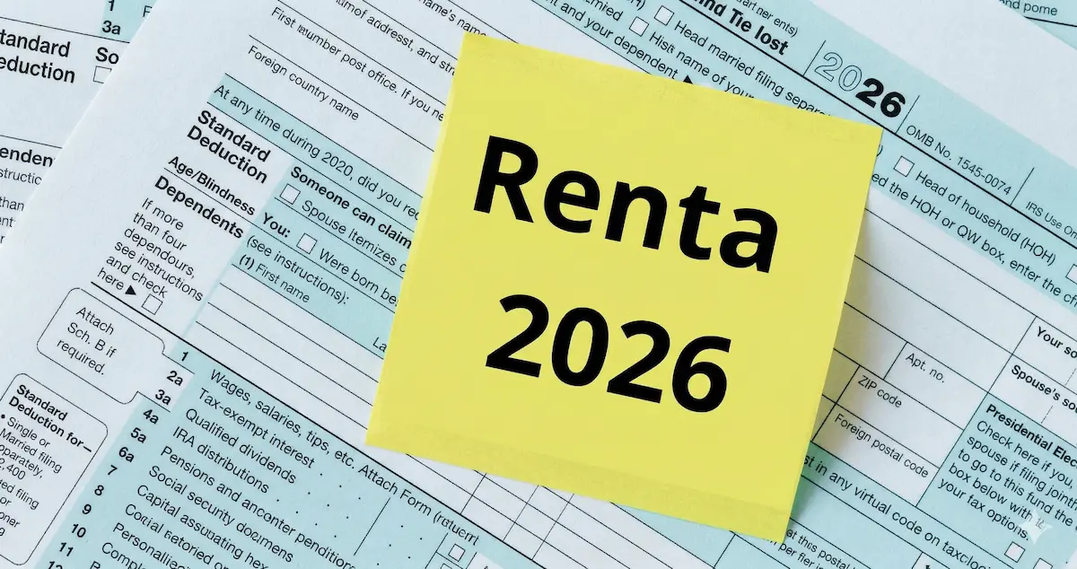 Papeles con un post-it donde está escrito "Renta 2026"