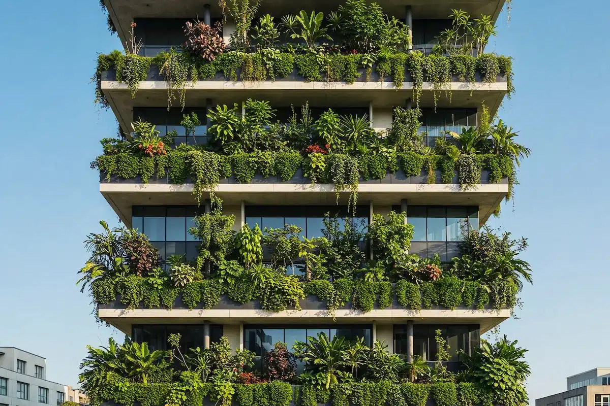 Edificio verde con plantas en sus terrazas