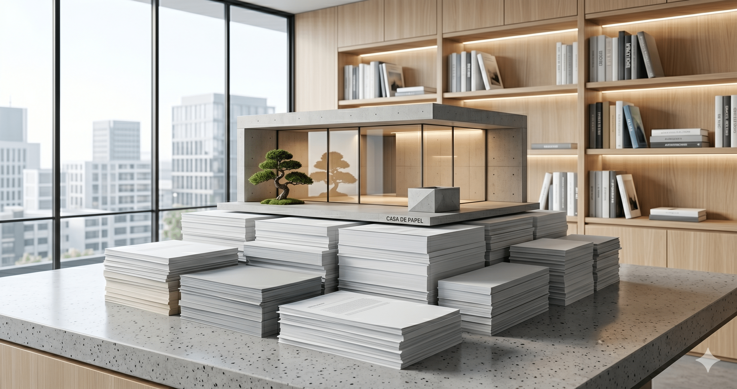 Maqueta de casa moderna sostenida por papeles