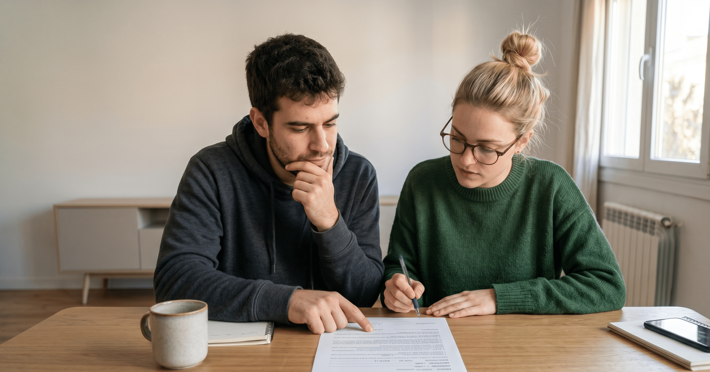 Dos jóvenes revisando un contrato de alquiler