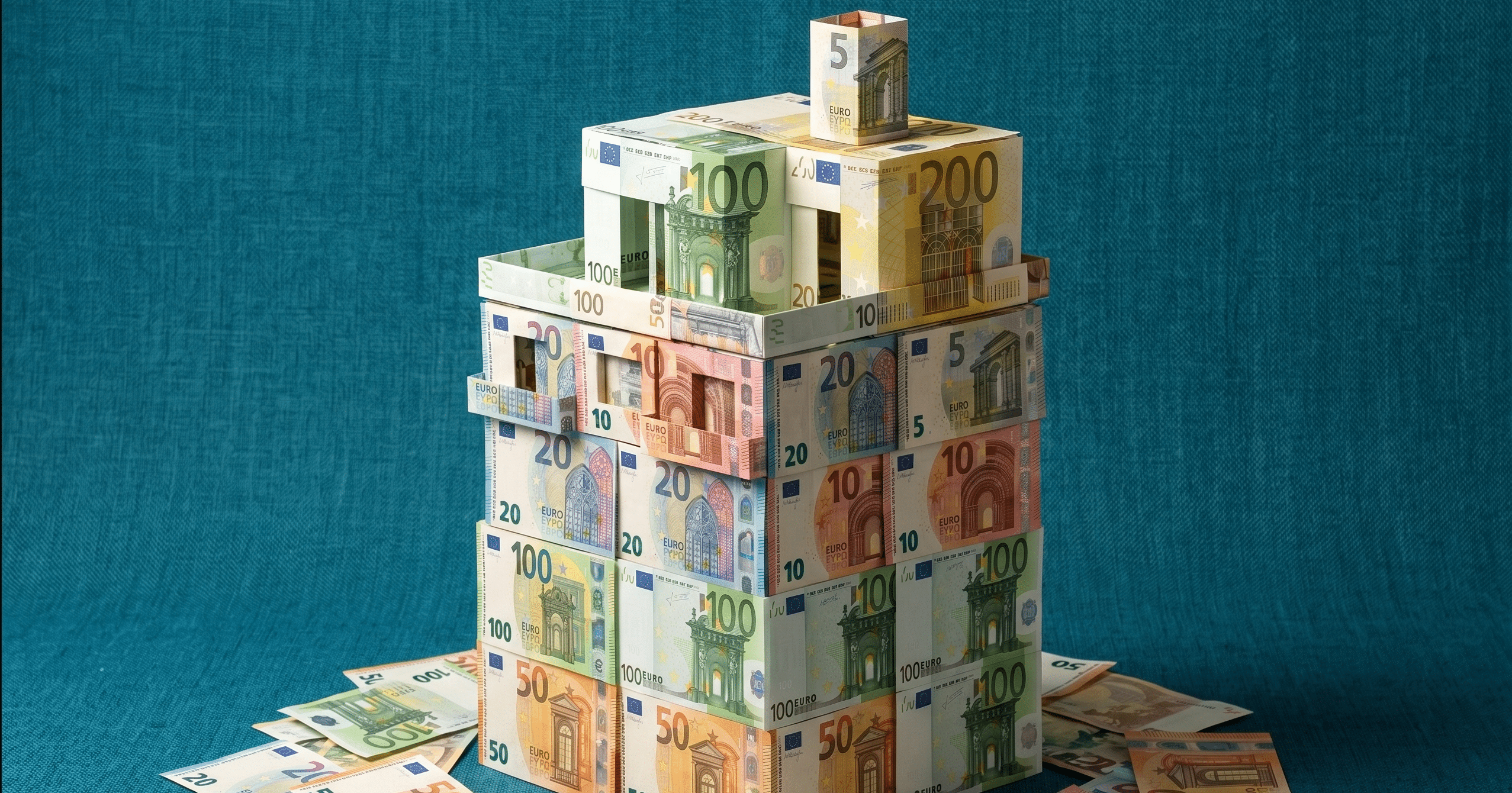Maqueta de un edificio construida con billetes de euro sobre un fondo azul verdoso, representando la inversión inmobiliaria.