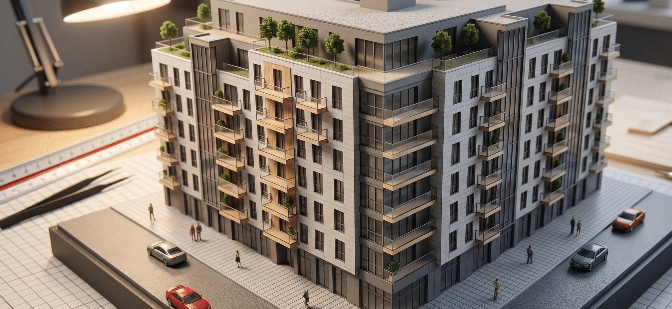 Minimaqueta arquitectónica de un bloque de pisos con un pequeño gráfico financiero descendente, que ilustra la tendencia a la baja del mercado inmobiliario en 2026.