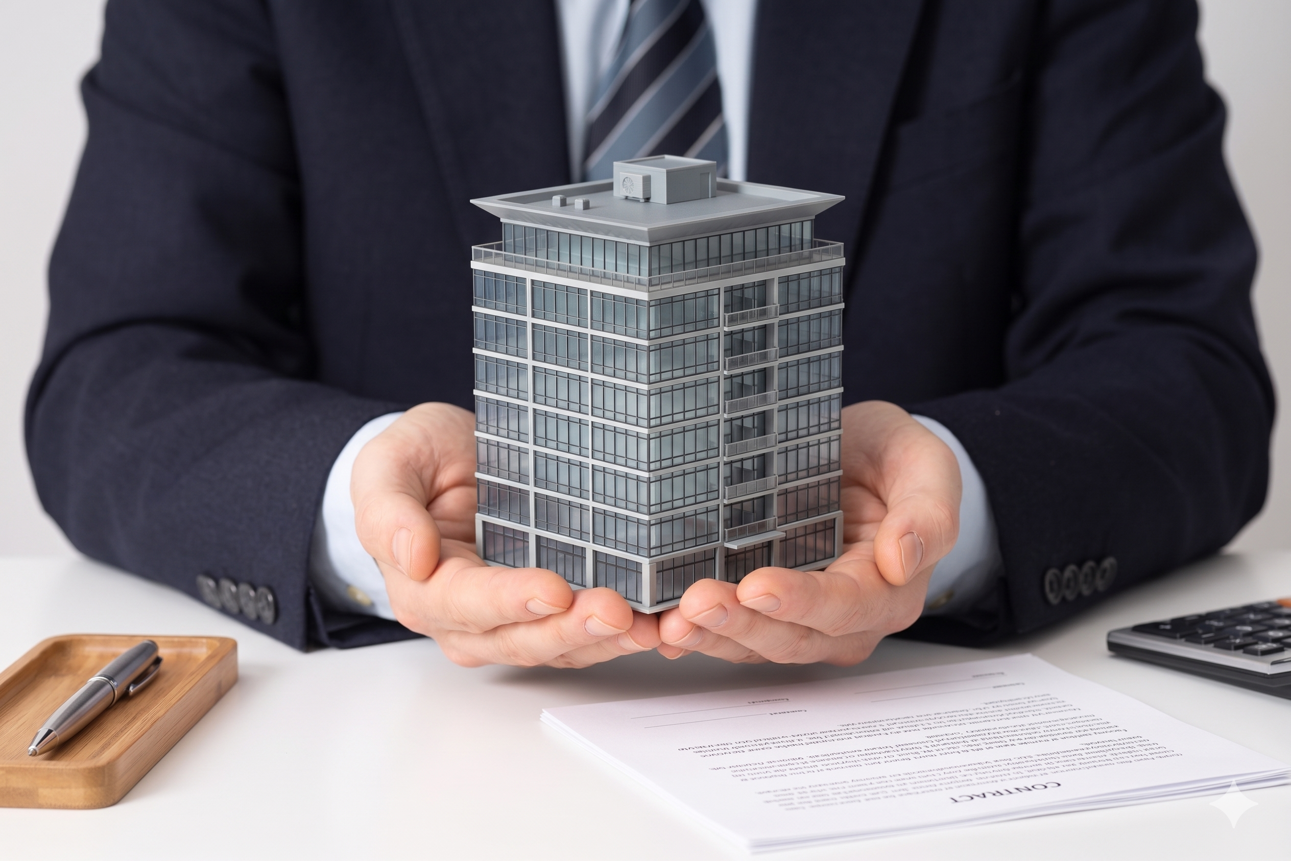 Empresario sosteniendo maqueta de edificio de oficinas sobre escritorio con contrato.
