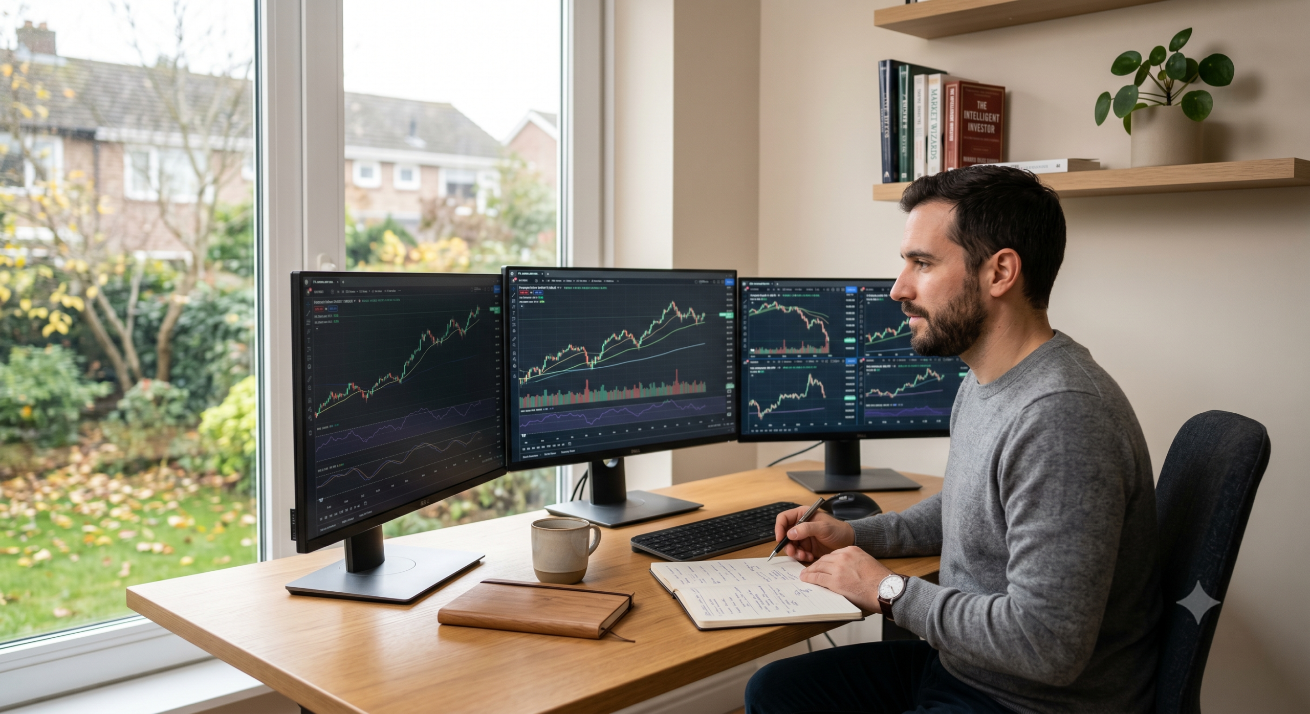 Hombre observando Flujos del Mercado/Bolsa con optimismo y tranquilidad