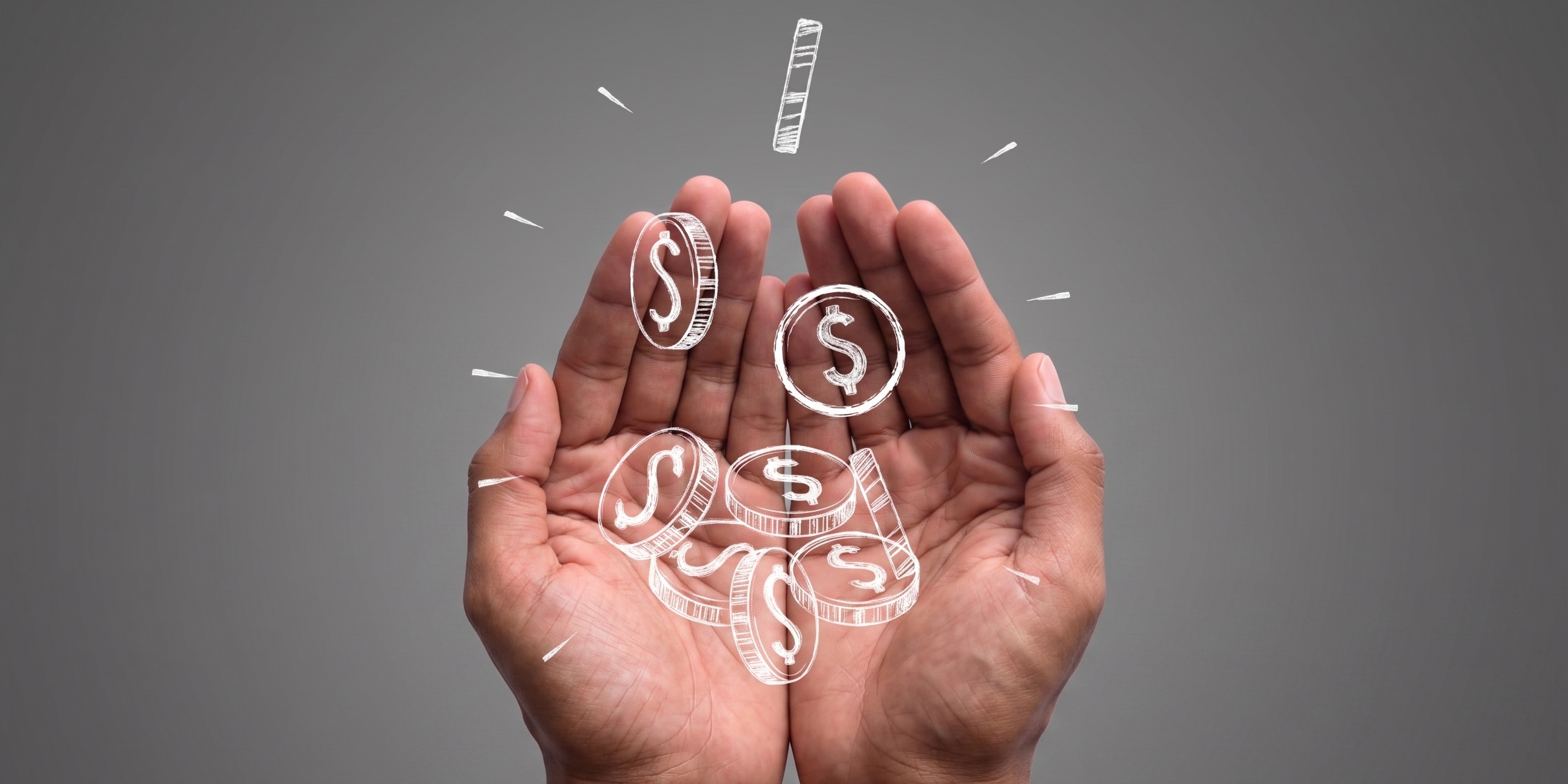 Ilustración de monedas de dólar cayendo sobre manos abiertas, concepto de ahorro e ingresos.