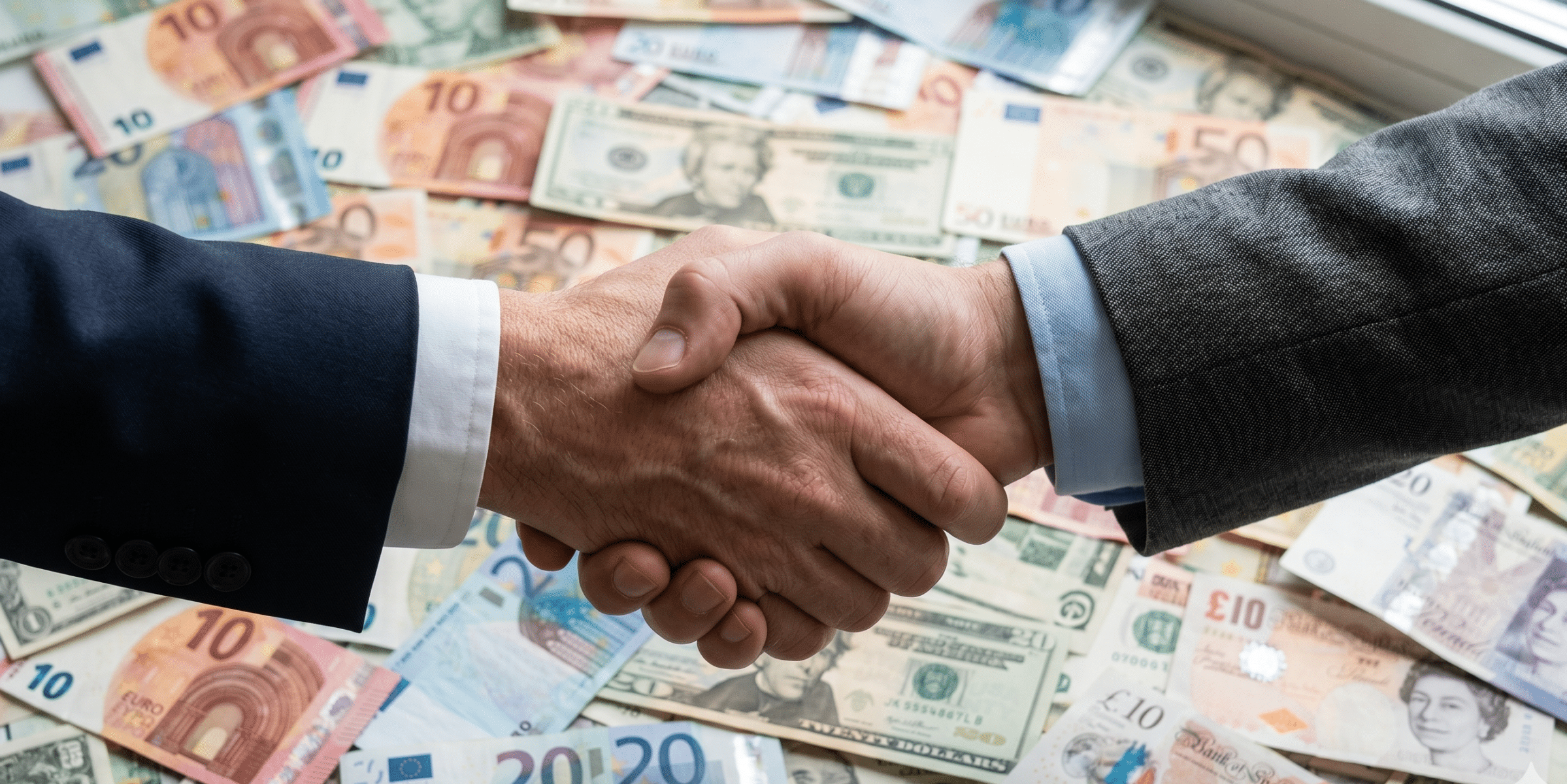 Apretón de manos entre dos personas de negocios con un fondo cubierto de billetes de dólares, euros y libras esterlinas.