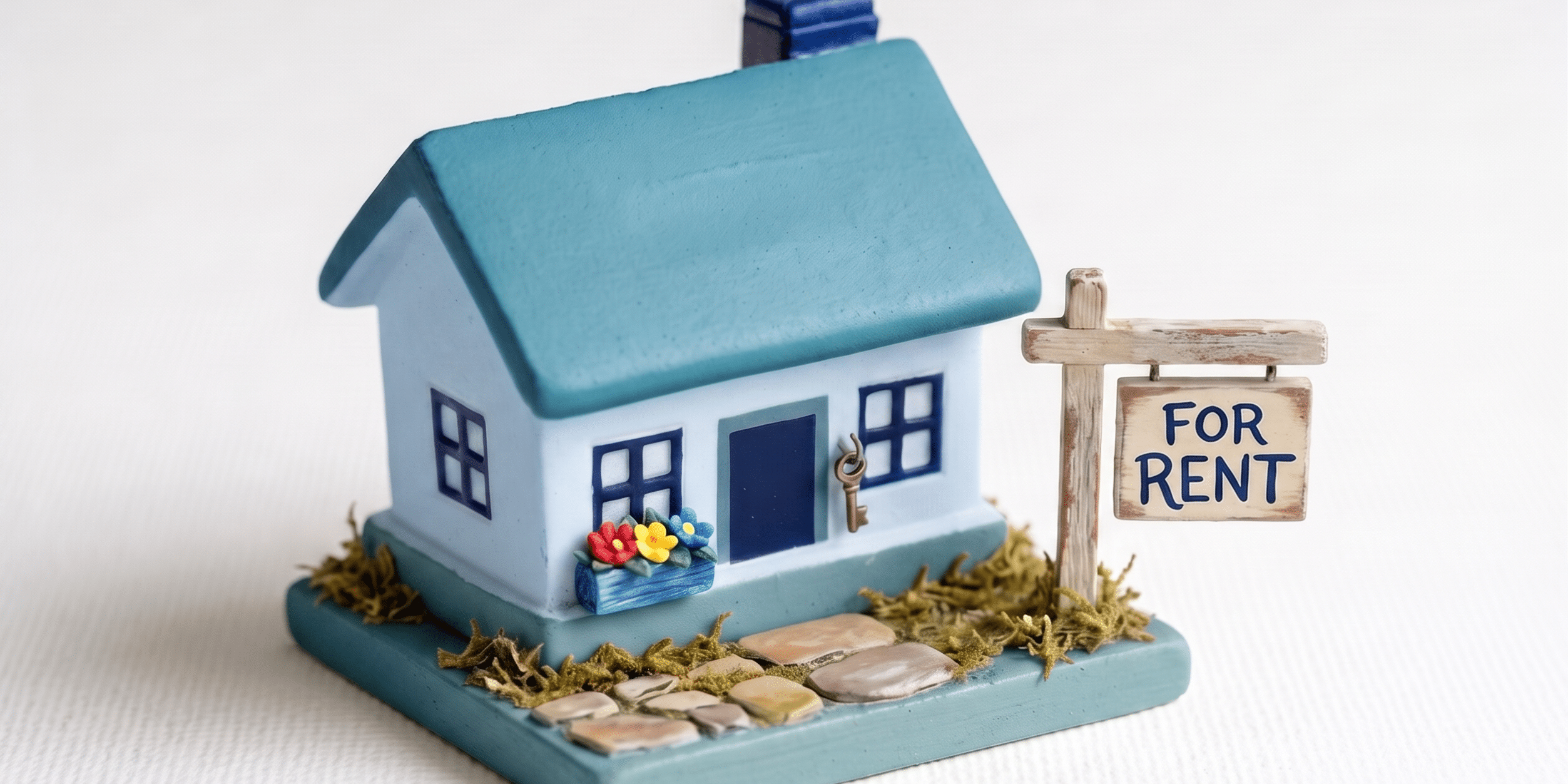 Maqueta de casa pequeña en alquiler con tejado verde y cartel de For Rent sobre fondo blanco.