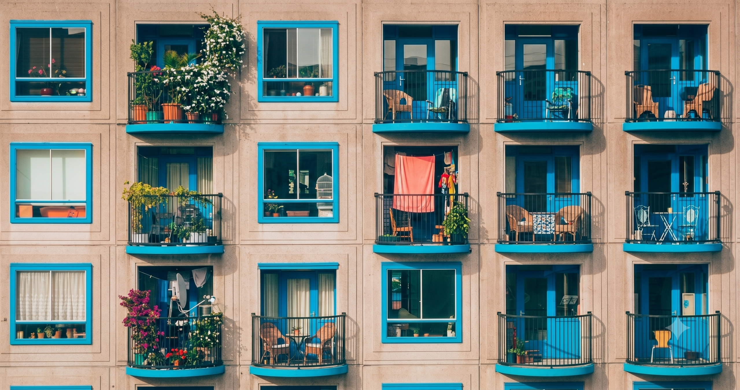 Fachada de edificio residencial moderno con ventanas y balcones de marcos azules, plantas y estilo urbano simétrico.