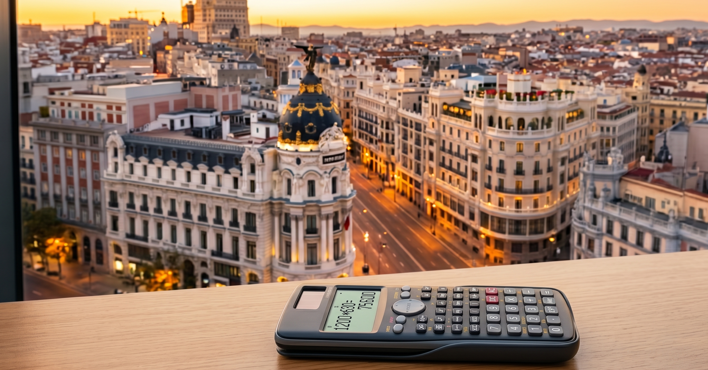 Calculadora científica tumbada sobre una mesa de madera con vistas a Madrid al atardecer.