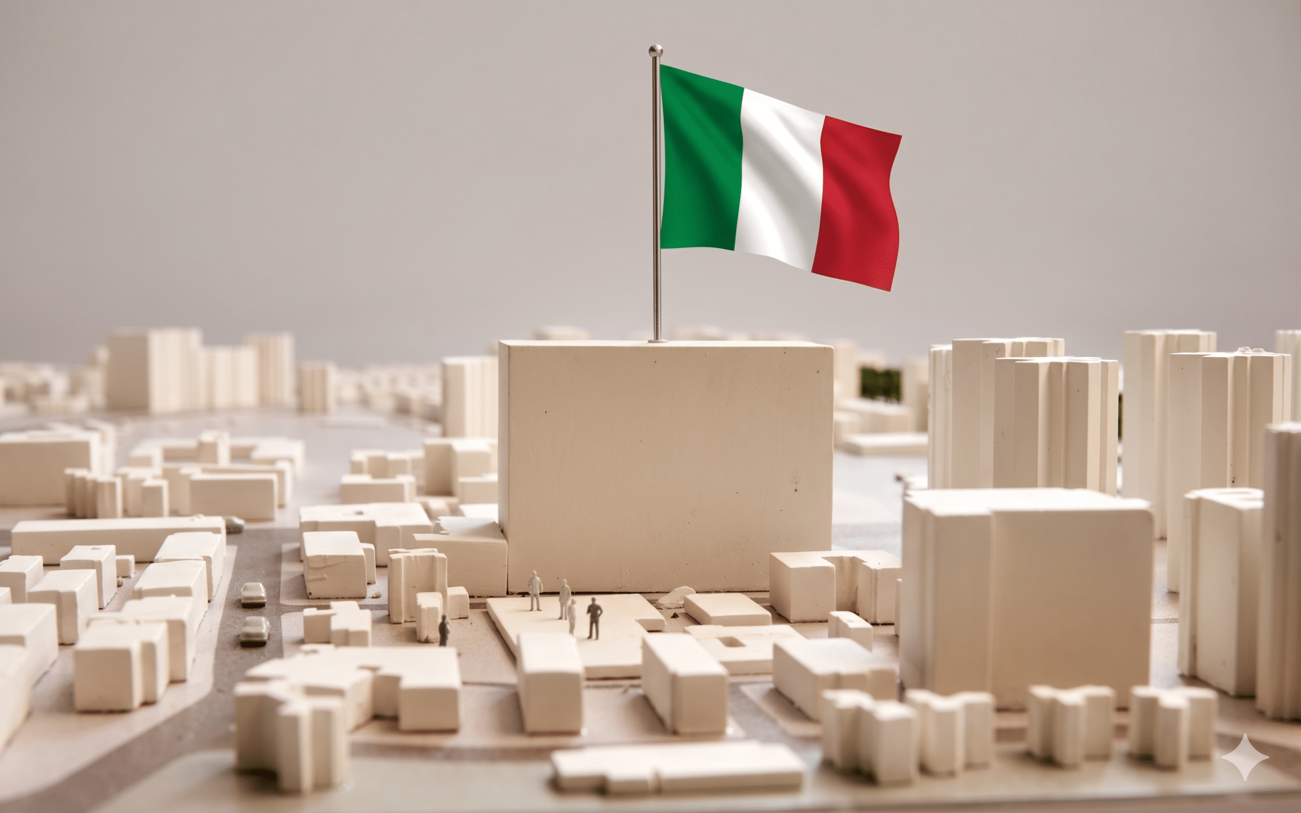 Maqueta arquitectónica de edificios blancos con una gran bandera de Italia sobre el edificio principal.