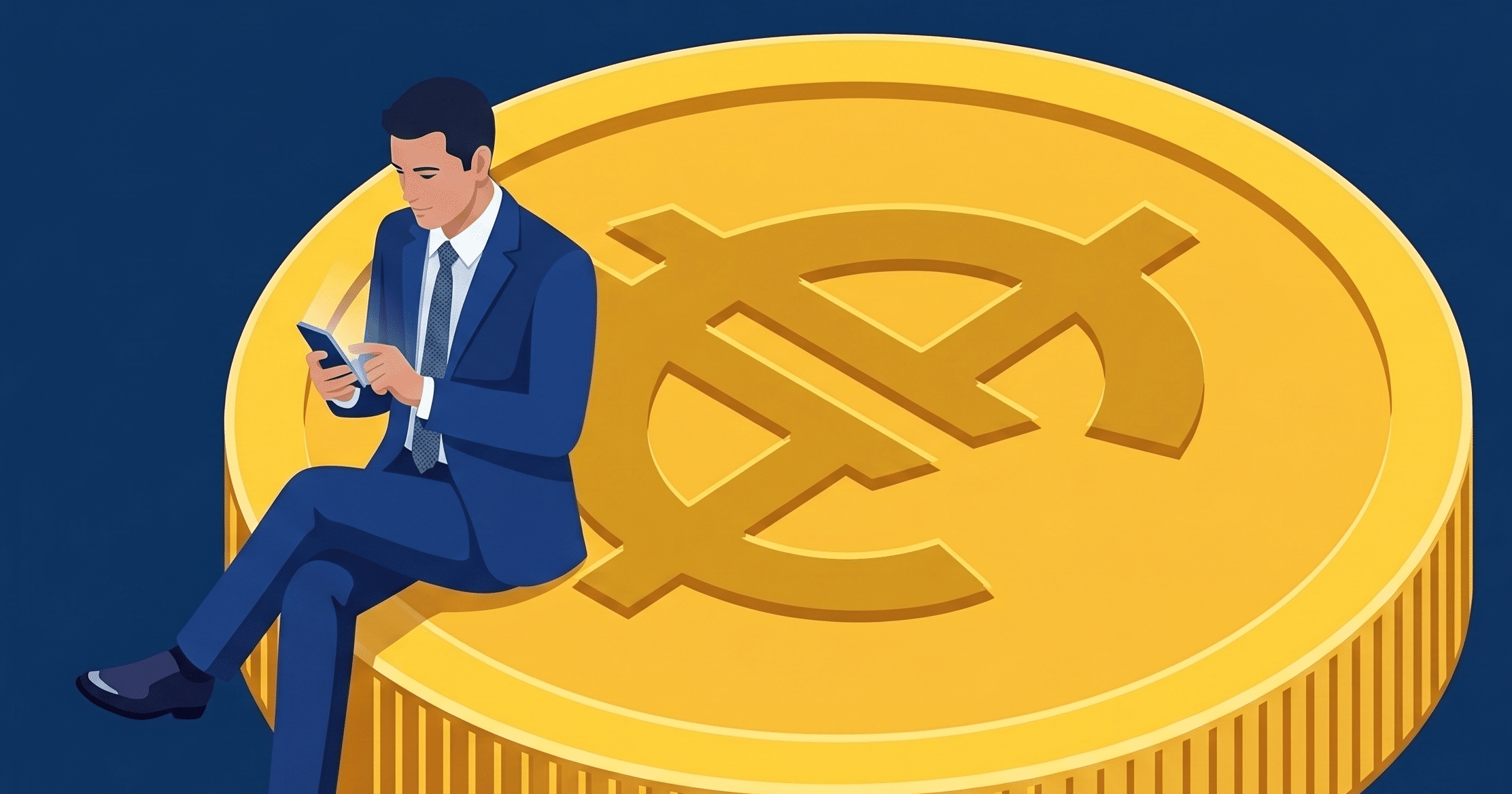 Hombre con traje azul sentado en una gran moneda amarilla mirando su teléfono móvil, sobre fondo azul