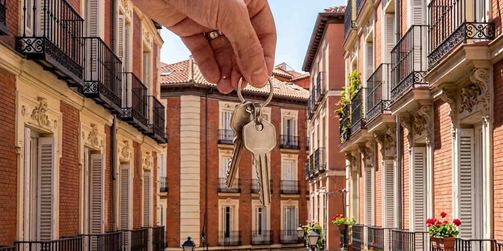 Mano sosteniendo llaves de casa en primer plano con una calle residencial típica de Madrid y edificios con balcones al fondo.