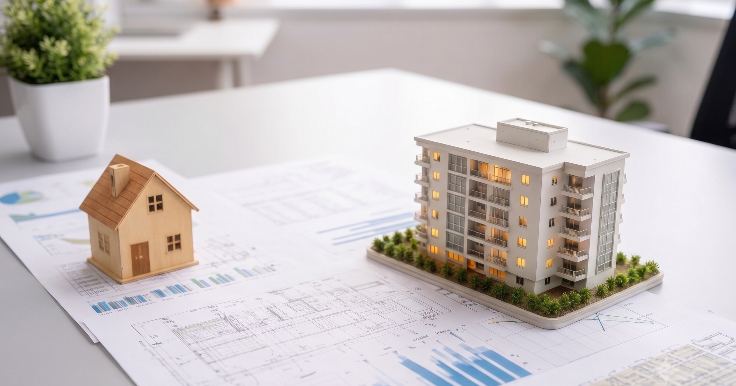 Maquetas a escala de edificio residencial y casa de madera sobre planos arquitectónicos en un escritorio blanco.