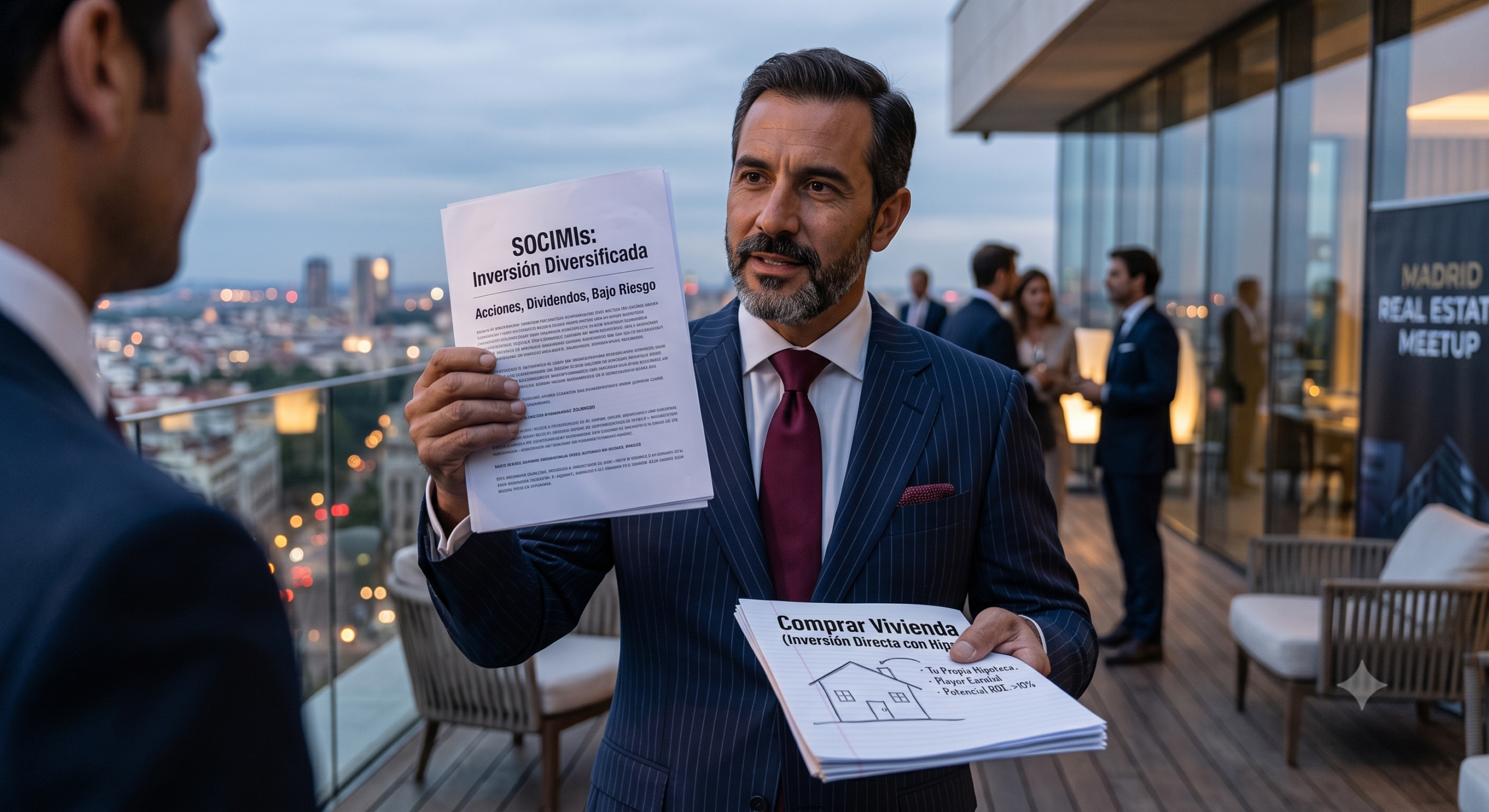 Hombre de negocios, mostrando en un papel porque preferir socimis