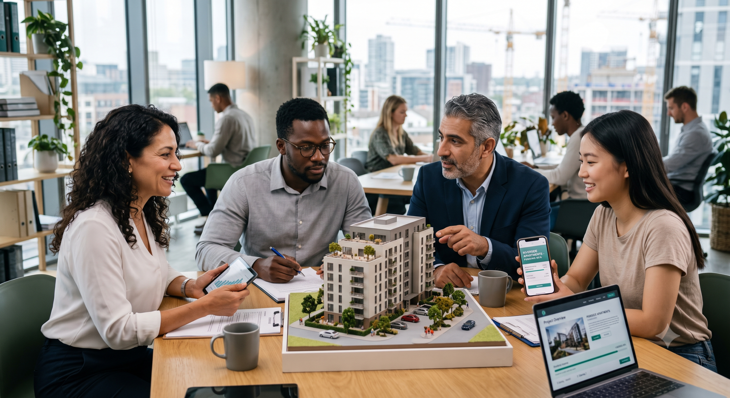 4 personas de negocios dialogando a cerca de un activo inmobiliario