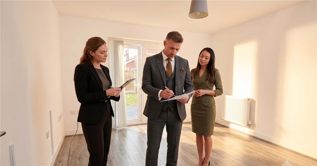 Agente inmobiliario, abogado y compradora revisando el contrato de compraventa en una vivienda vacia