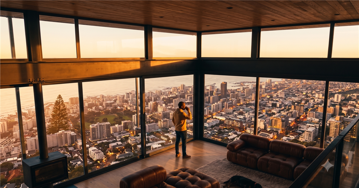 Hombre contemplando el skyline urbano desde el salon de su vivienda financiada con hipoteca autopromotor