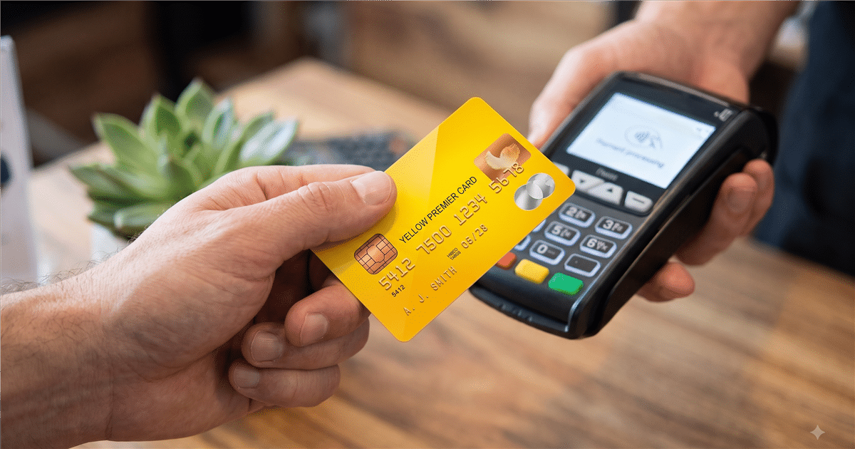 Mano pagando con una tarjeta de credito dorada en un datafono sin contacto