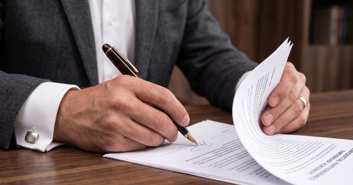 Hombre en traje firmando un contrato con pluma estilografica sobre una mesa de madera