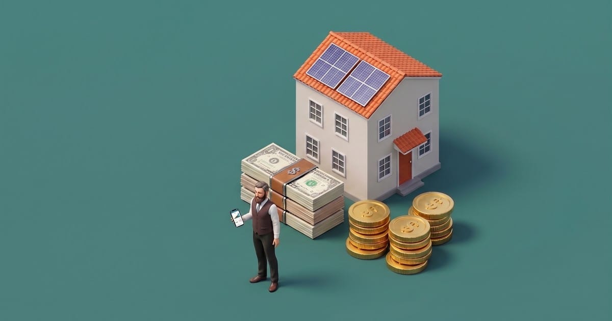 Casa con paneles solares junto a fajos de billetes, monedas y una figura con un telefono