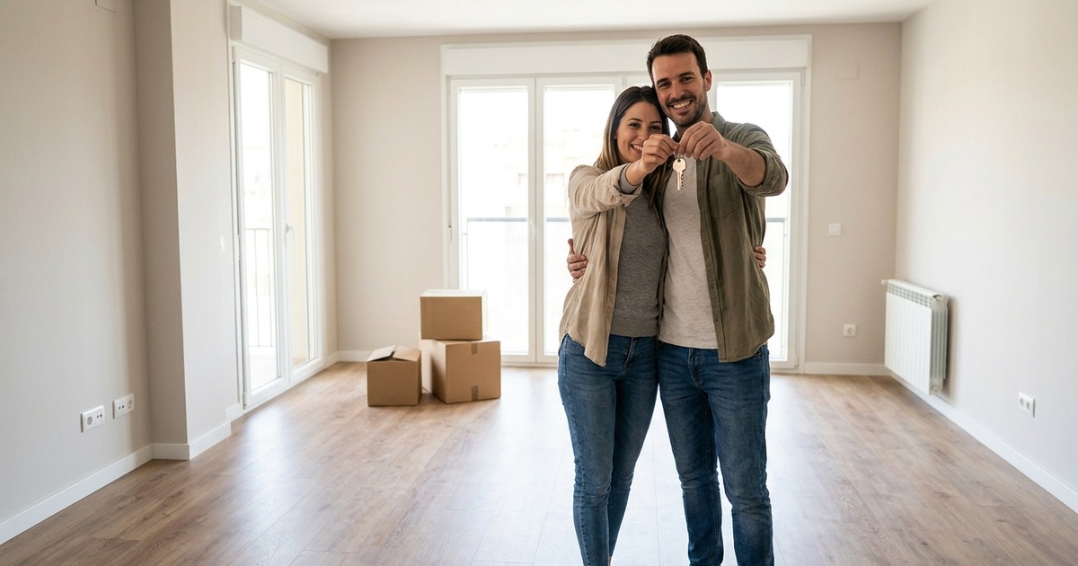 Pareja joven sosteniendo las llaves de su nueva vivienda en un salón vacío